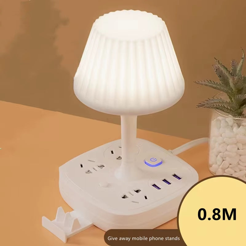 Multi-Functional Table Lamp with Dual USB Ports and Three AC Outlets - Portable Design with Phone Holder and Soft Lighting