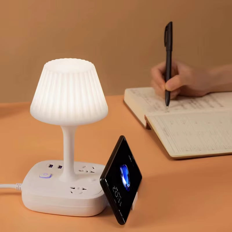 Multi-Functional Table Lamp with Dual USB Ports and Three AC Outlets - Portable Design with Phone Holder and Soft Lighting