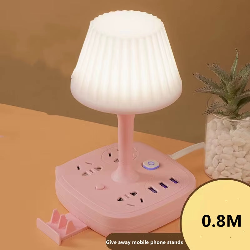Multi-Functional Table Lamp with Dual USB Ports and Three AC Outlets - Portable Design with Phone Holder and Soft Lighting