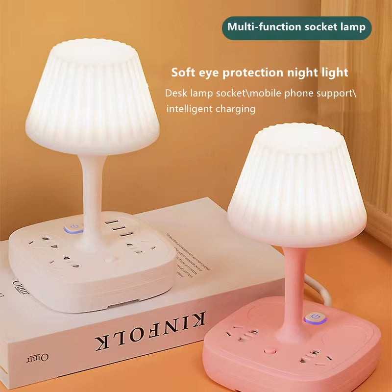 Multi-Functional Table Lamp with Dual USB Ports and Three AC Outlets - Portable Design with Phone Holder and Soft Lighting