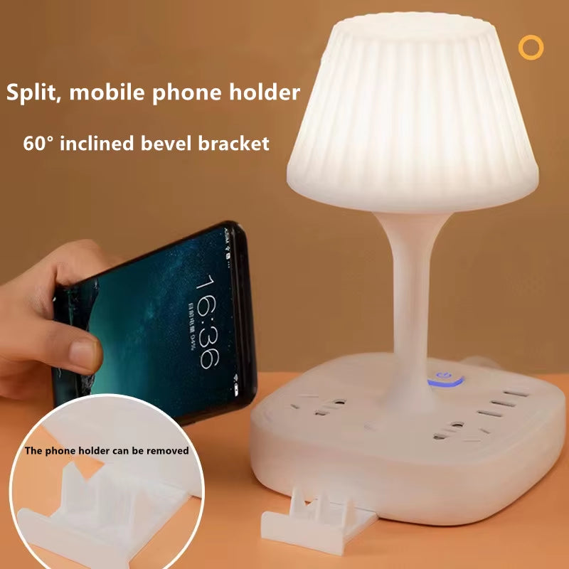 Multi-Functional Table Lamp with Dual USB Ports and Three AC Outlets - Portable Design with Phone Holder and Soft Lighting