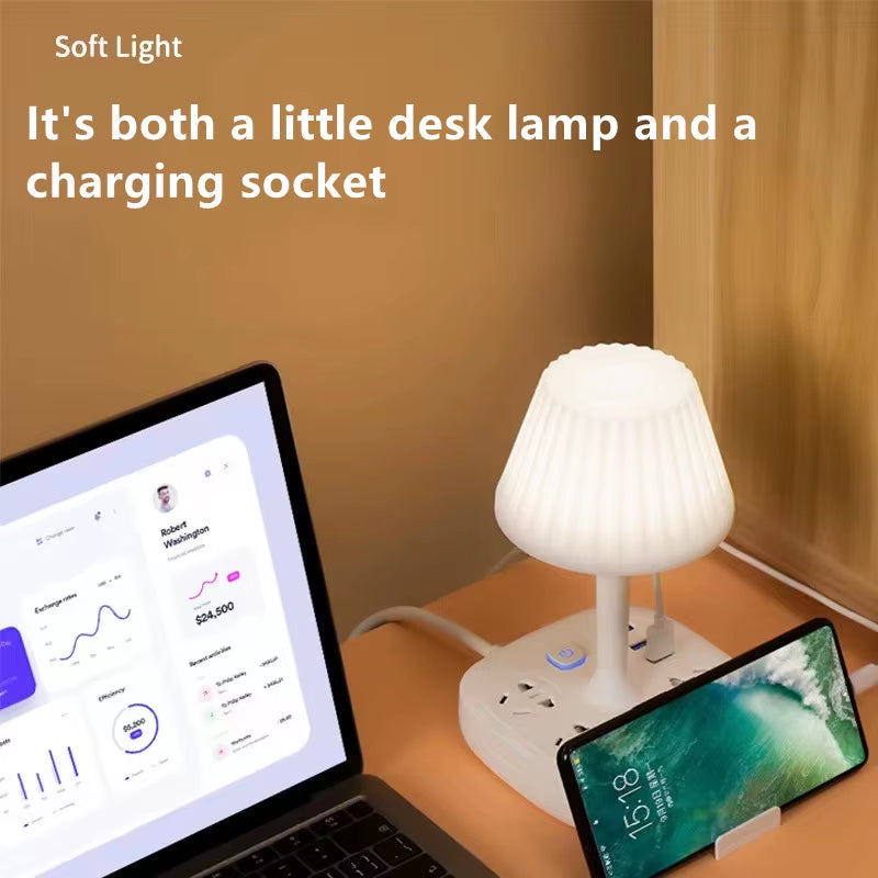 Multi-Functional Table Lamp with Dual USB Ports and Three AC Outlets - Portable Design with Phone Holder and Soft Lighting