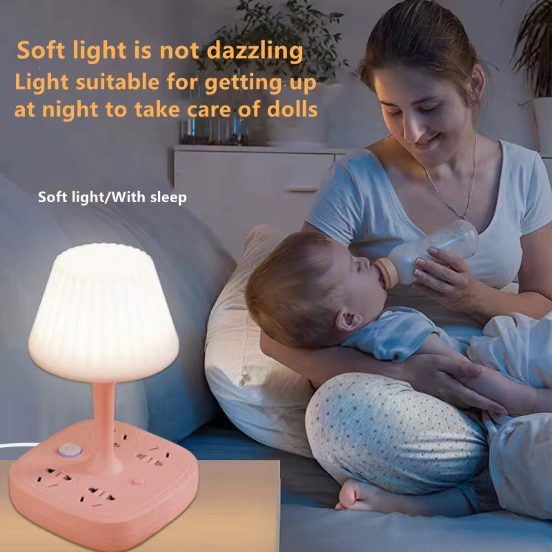 Multi-Functional Table Lamp with Dual USB Ports and Three AC Outlets - Portable Design with Phone Holder and Soft Lighting