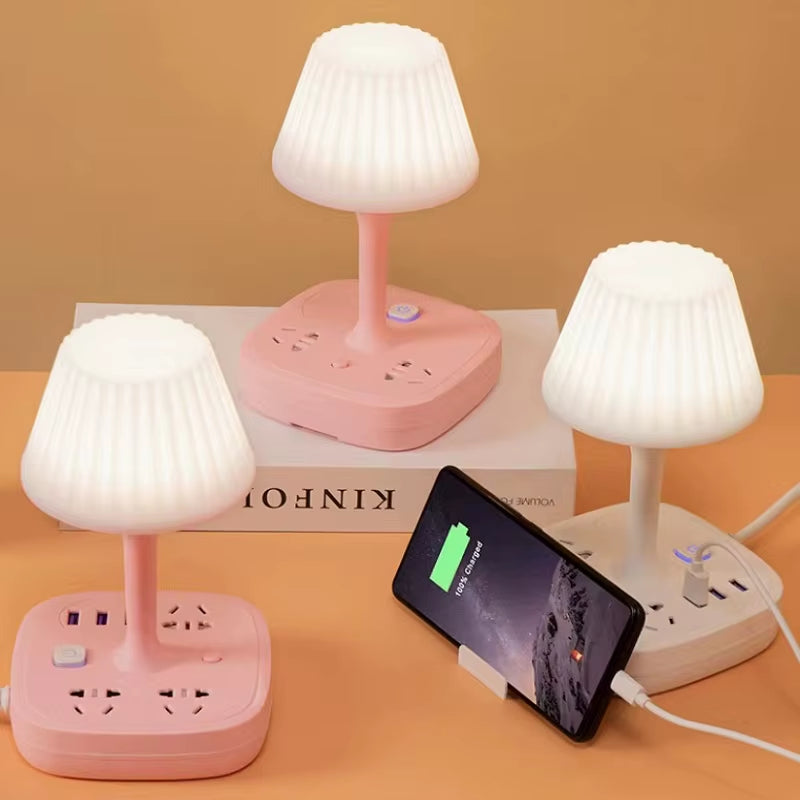 Multi-Functional Table Lamp with Dual USB Ports and Three AC Outlets - Portable Design with Phone Holder and Soft Lighting